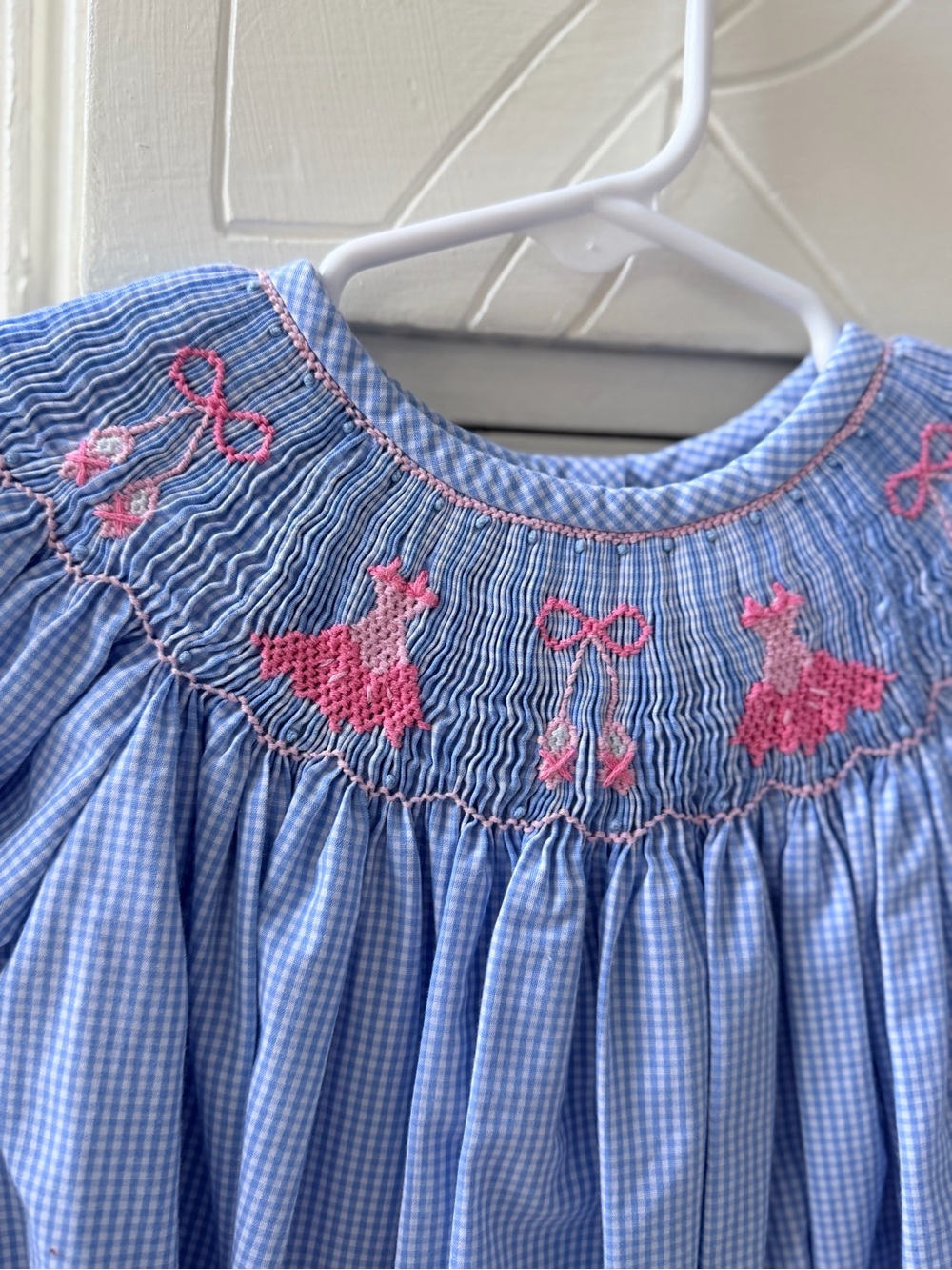Stitchy Fish 18M Girls' Smocked Blue Gingham Dress with Pink Embroidery